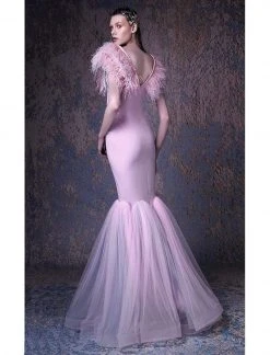 Formal Gowns MNM COUTURE - G1027 Feathered V-neck Mermaid Dress