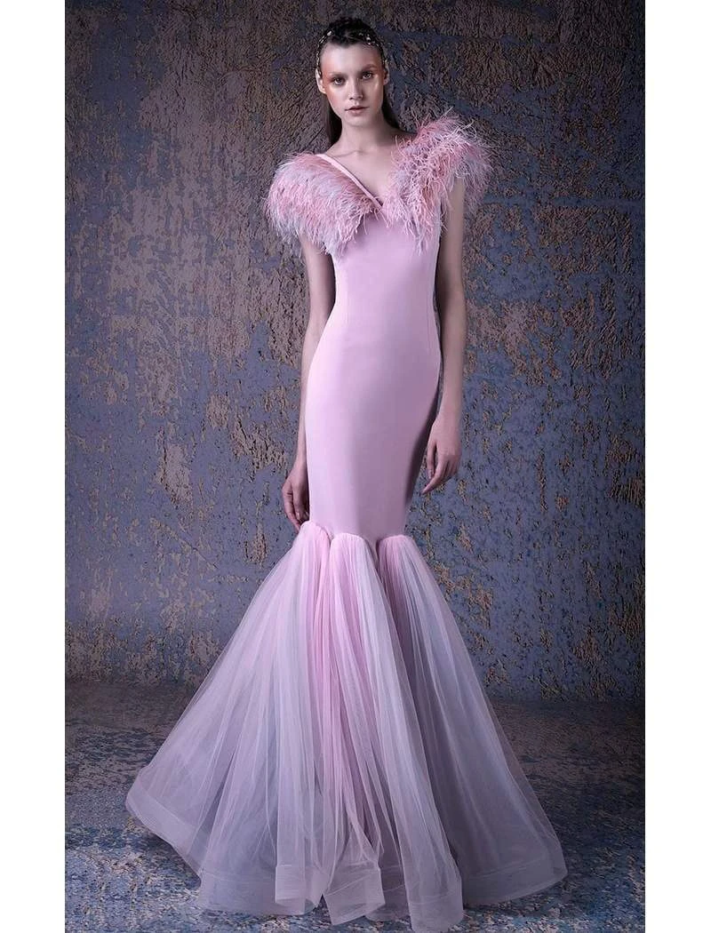 Formal Gowns MNM COUTURE - G1027 Feathered V-neck Mermaid Dress 4 Formal Gowns MNM COUTURE - G1027 Feathered V-neck Mermaid Dress