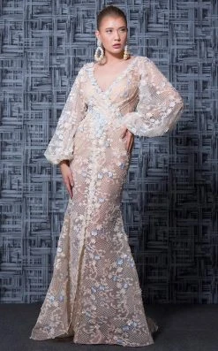 Formal Gowns MNM Couture - K3580 Bishop Sleeves Deep V-neck Sheath Gown