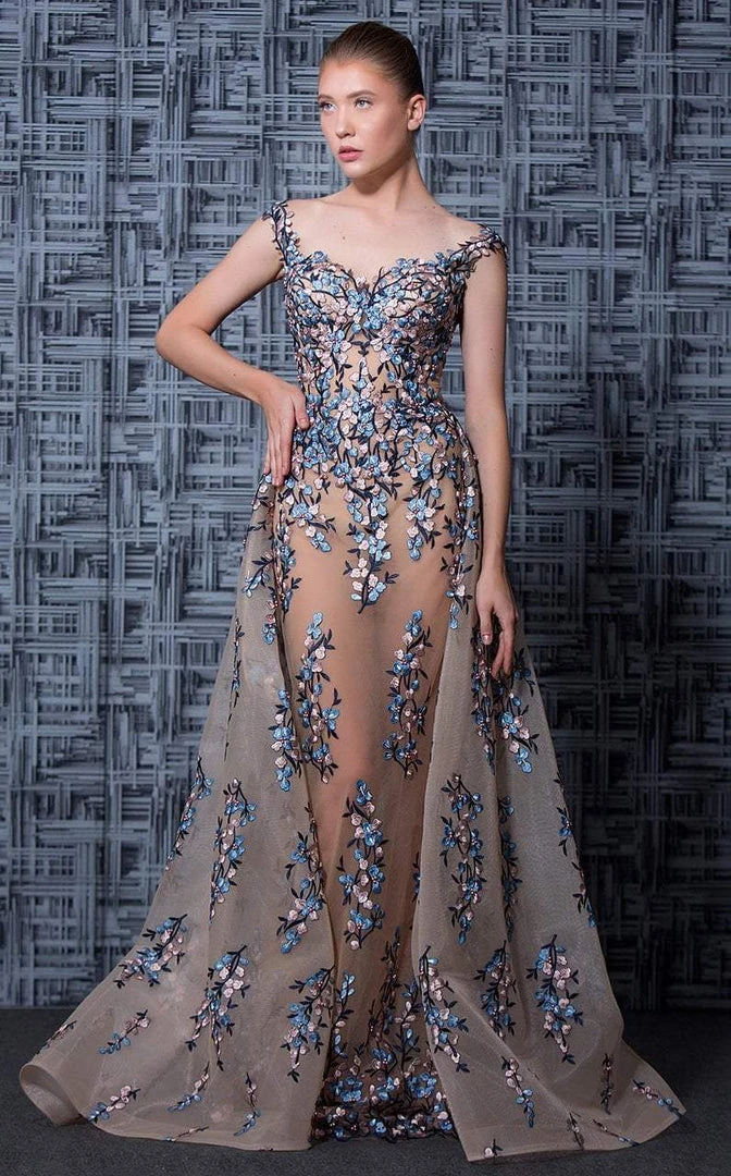 MNM Couture - K3595 Floral Off-Shoulder Illusion Evening Gown 3 MNM Couture - K3595 Floral Off-Shoulder Illusion Evening Gown