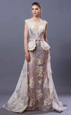 Formal Gowns MNM COUTURE - K3650 Floral Embroidered Bateau Dress With Overskirt