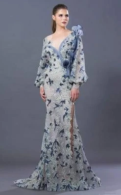 Formal Gowns MNM COUTURE - K3653 Embroidered Asymmetric Neck Trumpet Dress