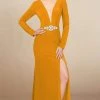 Formal Gowns MNM Couture - M0006 Long Sleeve Plunging Column Slit Dress