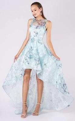 MNM COUTURE - M0050 Embroidered Jewel Neck High Low A-line Dress