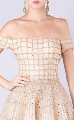 MNM COUTURE - M0057 Lattice Beaded Off Shoulder Gown Formal Gowns