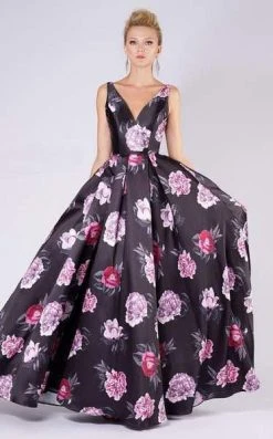 MNM COUTURE - M0063 Plunging Blossom Printed High Slit Gown