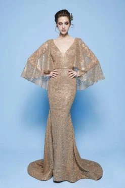 Formal Gowns MNM Couture - N0245 Sequin Embellished Mermaid Gown With Cape Sleeves