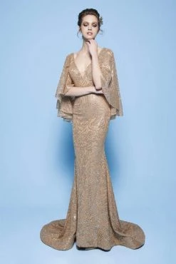 Formal Gowns MNM Couture - N0245 Sequin Embellished Mermaid Gown With Cape Sleeves 8 Formal Gowns MNM Couture - N0245 Sequin Embellished Mermaid Gown With Cape Sleeves