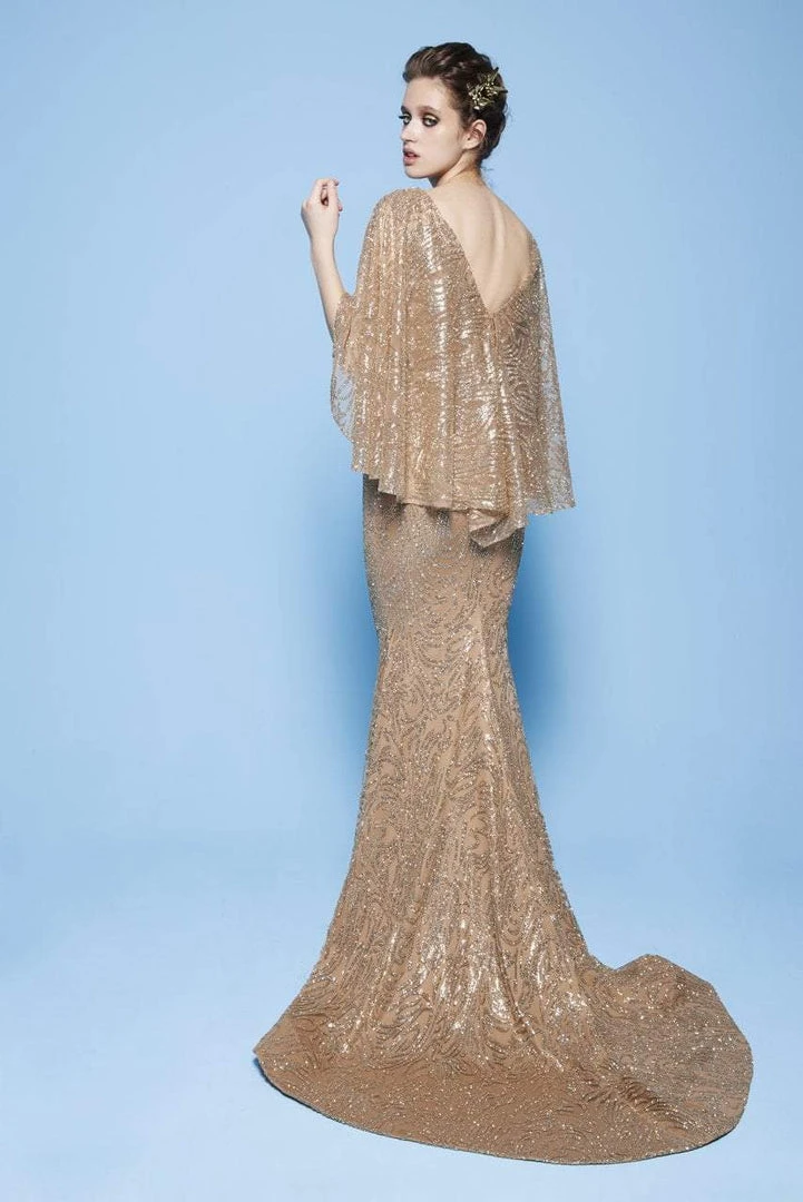 Formal Gowns MNM Couture - N0245 Sequin Embellished Mermaid Gown With Cape Sleeves 4 Formal Gowns MNM Couture - N0245 Sequin Embellished Mermaid Gown With Cape Sleeves