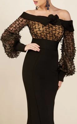 Formal Gowns MNM COUTURE - S0006L Bell Sleeve Ribbon Detailed Mermaid Gown