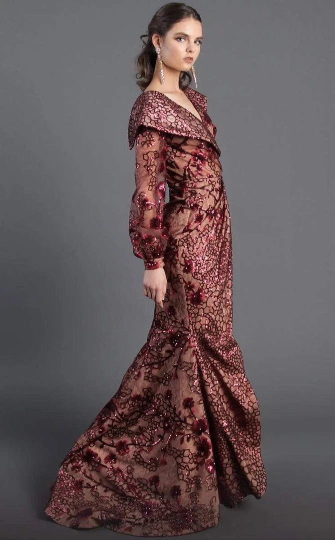 Formal Gowns MNM COUTURE - Sequined Long Sleeve V-neck Trumpet Dress 2417 - 1 Pc Burgundy In Size 6 Available 5 Formal Gowns MNM COUTURE - Sequined Long Sleeve V-neck Trumpet Dress 2417 - 1 Pc Burgundy In Size 6 Available