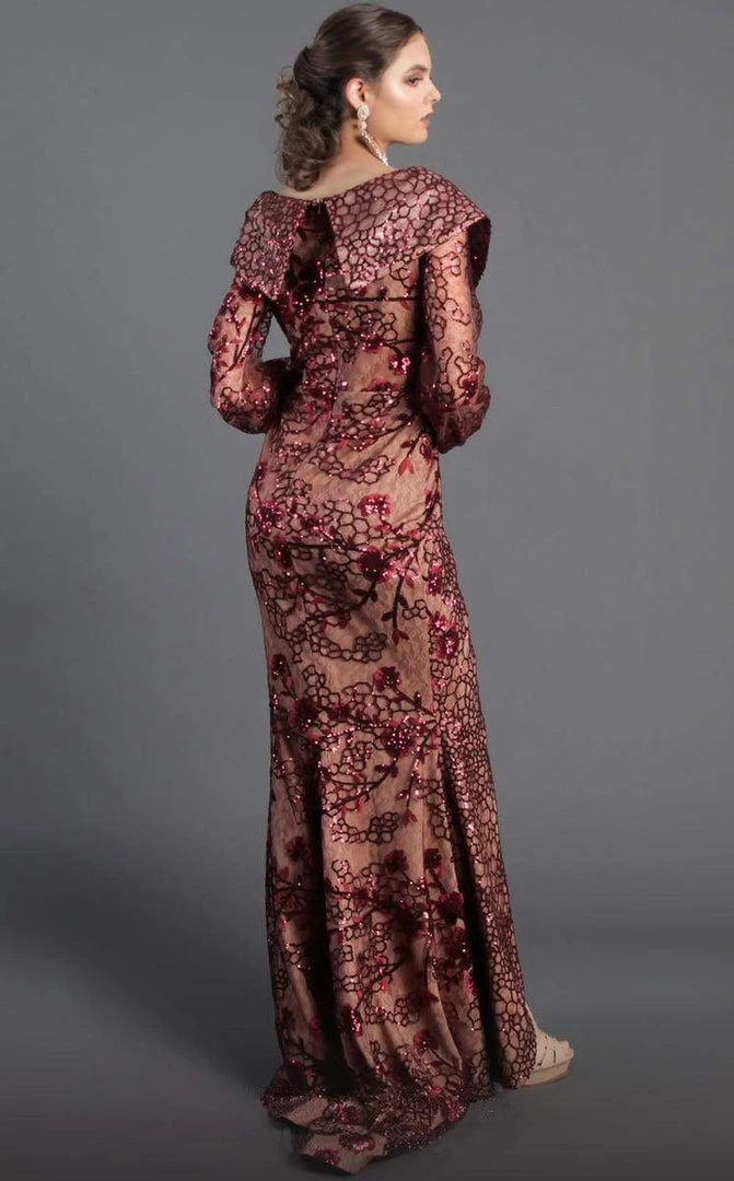 Formal Gowns MNM COUTURE - Sequined Long Sleeve V-neck Trumpet Dress 2417 - 1 Pc Burgundy In Size 6 Available 4 Formal Gowns MNM COUTURE - Sequined Long Sleeve V-neck Trumpet Dress 2417 - 1 Pc Burgundy In Size 6 Available