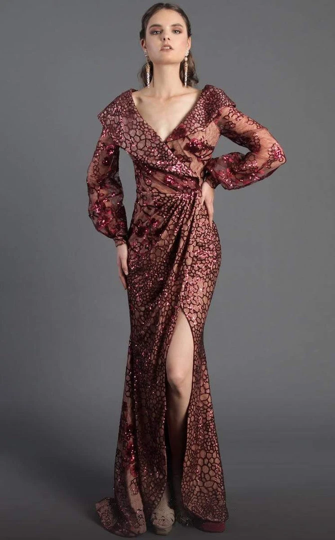 Formal Gowns MNM COUTURE - Sequined Long Sleeve V-neck Trumpet Dress 2417 - 1 Pc Burgundy In Size 6 Available 3 Formal Gowns MNM COUTURE - Sequined Long Sleeve V-neck Trumpet Dress 2417 - 1 Pc Burgundy In Size 6 Available
