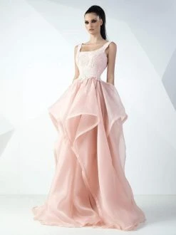 Formal Gowns MNM Couture - Square Neck Ruffled Tulle Evening Gown G0727