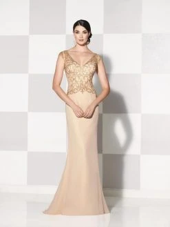 Mon Cheri - 115600 Beaded Illusion Cap Sleeves Mother Of The Bride Dress - 1 Pc. Dark Champagne In Size 6 Available Formal Gowns