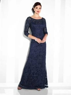 Mon Cheri - 115604SL Illusion Embroidered Lace Gown - 2 Pcs Navy In Size 6 Available Formal Gowns