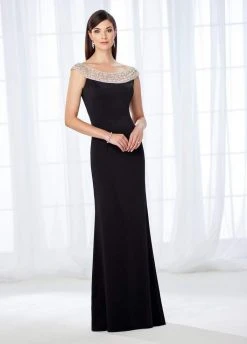 Mon Cheri - 118663 Beaded Bateau Neckline Evening Gown - 2 Pcs Black In Size 4 And Size 6 Available Formal Gowns