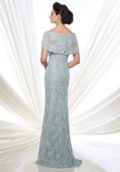 Formal Gowns Mon Cheri - 215D03 Bateau Scalloped Lace Applique Evening Gown - 1 Pc Blue Willow In Size 8 Available
