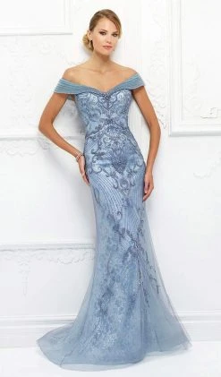 Mon Cheri - Beaded Lace Dress With Tulle Overlay 118D08 - 1 Pc Light Periwinkle In Size 18 Available