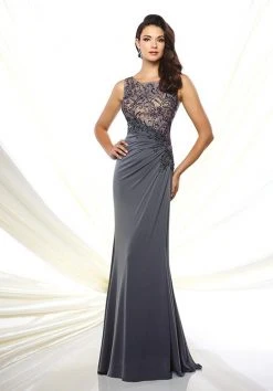 Mon Cheri - Embellished Sleeveless A-line Gown 116947 - 1 Pc Pewter/Nude In Size 8 Available