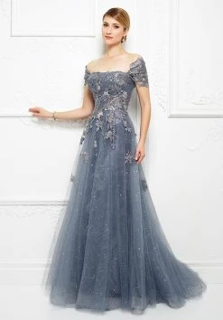 Mon Cheri - Embroidered Floral Lace Gown With Detachable Strap Wrap 217D88 - 1 Pc Wedgewood In Size 10 Available Formal Gowns