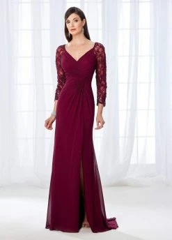 Mon Cheri Quarter Sleeve Front Twist Chiffon Evening Gown 118672 - 2 Pcs Burgundy In Sizes 10 And 20 Available