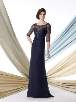 Mon Cheri - Sheer Bateau Neck Sheath Gown 213967 - 2 Pcs Smoke Gray In Sizes 4 And 18 Available Formal Gowns