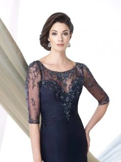 Mon Cheri - Sheer Bateau Neck Sheath Gown 213967 - 2 Pcs Smoke Gray In Sizes 4 And 18 Available Formal Gowns