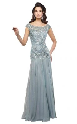 Formal Gowns Montage By Mon Cheri - Bateau Neckline Gown In Blue Smoke 216962 - 2 Pcs Blue Smoke In Sizes 10 And 12 Available