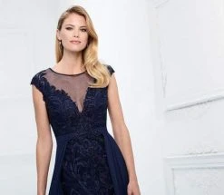 Montage By Mon Cheri - Embroidered Lace Chiffon Overskirt Gown 218914 - 1 Pc Navy In Size 10 Available Formal Gowns