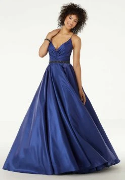 Formal Gowns Mori Lee - 45007 Shirred Plunging Shimmer Satin Gown