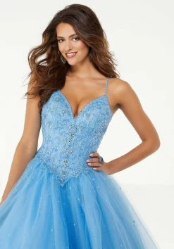 Formal Gowns Mori Lee - 45013 Crystal Beaded V Neck Bodice Glitter Tulle Ballgown