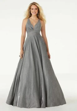 Mori Lee - 45087 Pleat-Ornate Plunging V-Neck Glitter Dress