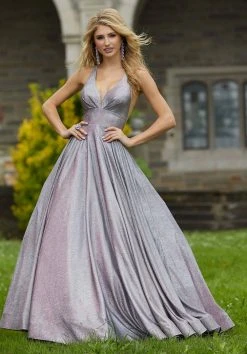 Mori Lee - 45087 Pleat-Ornate Plunging V-Neck Glitter Dress 14 Mori Lee - 45087 Pleat-Ornate Plunging V-Neck Glitter Dress