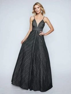 Nina Canacci - 1438 Striped Lace Plunging A-Line Gown Formal Gowns