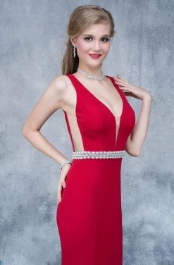 Nina Canacci - 2124 Plunging Adorned Waist Sleeveless Gown Formal Gowns