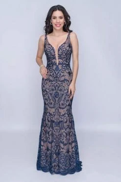Nina Canacci - 2227 Embroidered Lace Plunging Sheath Gown