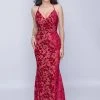 Nina Canacci - 2239 Crisscrossed Back Foliage Motif Sheath Gown Formal Gowns