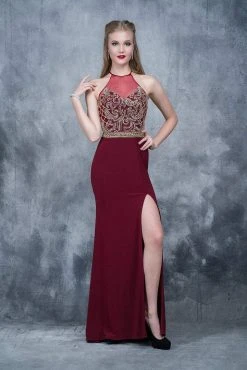 Nina Canacci - 3131 Bedazzled Illusion Halter Sheath Dress Formal Gowns