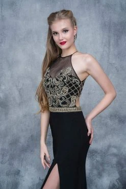 Nina Canacci - 3131 Bedazzled Illusion Halter Sheath Dress Formal Gowns