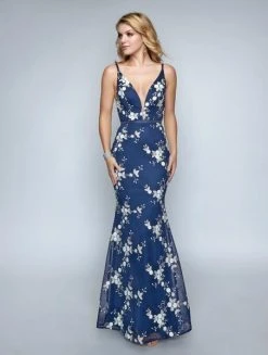 Nina Canacci - 3150 Floral Embroidered Deep V-neck Trumpet Dress Formal Gowns
