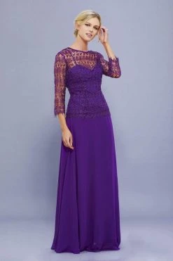 Formal Gowns Nox Anabel - 5083 Quarter Sleeves Lace Overlay Top Long Formal Dress