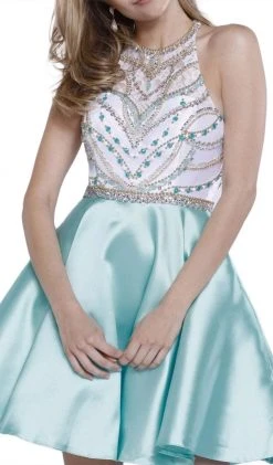 Nox Anabel - 6247 Beaded High Halter Illusion Satin Short Cocktail Dress Cocktail Dresses