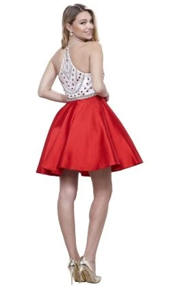 Nox Anabel - 6247 Beaded High Halter Illusion Satin Short Cocktail Dress Cocktail Dresses