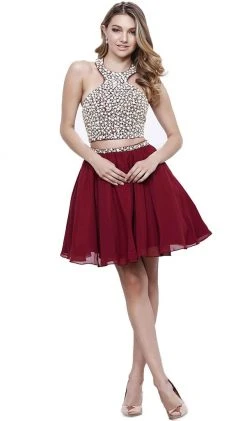 Nox Anabel - 6257 Beaded Yoke Halter A-Line Dress