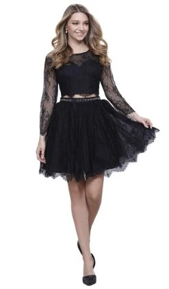 Nox Anabel - 6268 Two Piece Lace Long Sleeve Short Party Dress Cocktail Dresses