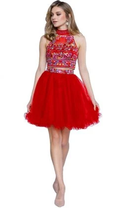 Nox Anabel - 6272 Halter Illusion Cutout Floral Cocktail Dress Cocktail Dresses