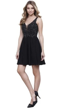 Nox Anabel - 6291 Beaded V-neck Scoop Back A-line Cocktail Dress Cocktail Dresses