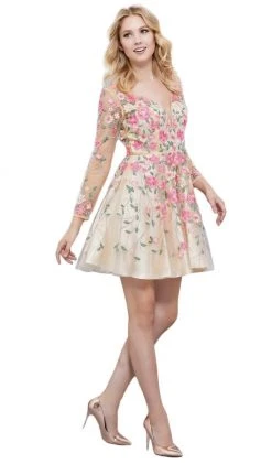Nox Anabel - 6311 Long Sleeves Floral Embellished Cocktail Dress Cocktail Dresses