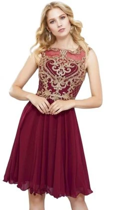 Nox Anabel - 6321 Illusion Gilded Lace Festooned A-Line Gown